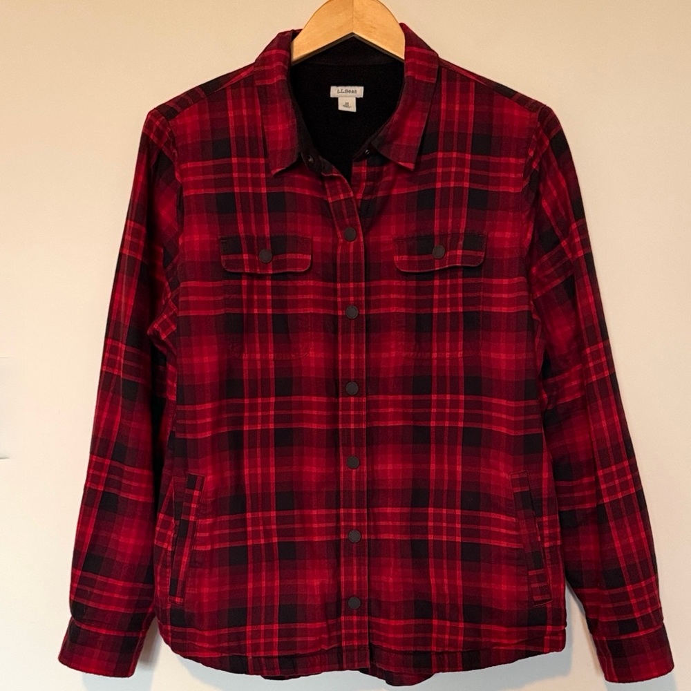 L.L. Bean Red and Black Plaid Fleece Lined Shirt Jacket